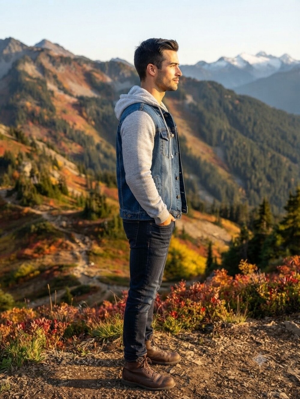 Casual Denim and Grey Hooded Bomber Jacket